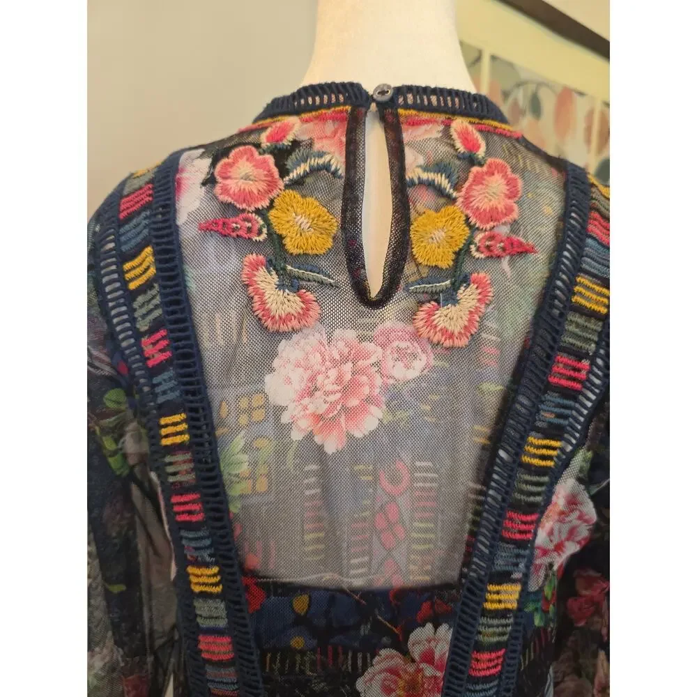 Biya Johnny Was Dayana Mesh Maxi Dress Embroidered Floral Patchwork Slip M Boho